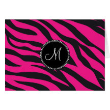 Custom Monogrammed Initial Hot Pink Black Zebra Greeting Card