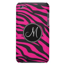 Custom Monogrammed Initial Hot Pink Black Zebra Barely There iPod Covers