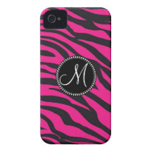 Custom Monogrammed Initial Hot Pink Black Zebra iPhone 4 Case-Mate Cases