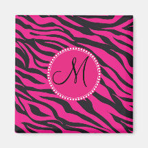 Custom Monogrammed Initial Hot Pink Black Zebra Magnet