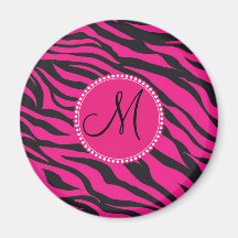 Custom Monogrammed Initial Hot Pink Black Zebra Refrigerator Magnets