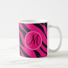 Custom Monogrammed Initial Hot Pink Black Zebra Mugs