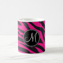 Custom Monogrammed Initial Hot Pink Black Zebra Mugs