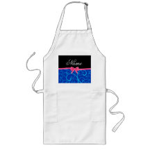 Custom name blue swirls pink glitter bow apron