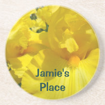 Custom Name coaster Yellow Iris Flowers