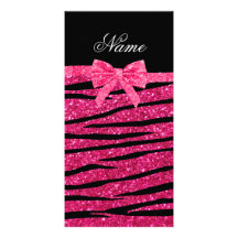 Custom name hot pink glitter zebra stripes bow photo greeting card