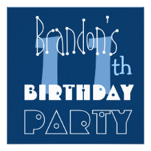 Custom Name Modern Kid's 11th Birthday Blue Announcement
