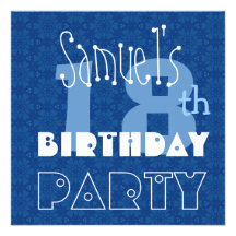 Custom Name Modern Teen's 18th Birthday Blue Custom Invites