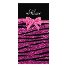 Custom name pink glitter zebra stripes bow photo greeting card