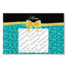 Custom name turquoise swirls gold bow photo