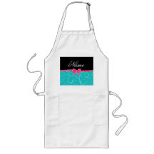 Custom name turquoise swirls pink glitter bow apron