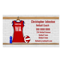 Custom Netball Uniform Red with Blue and White Business Card Templates