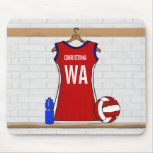 Custom Netball Uniform Red with Blue and White Mousemats