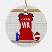 Custom Netball Uniform Red with Blue and White Ornaments