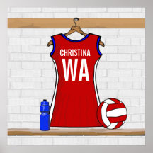 Custom Netball Uniform Red with Blue and White Posters