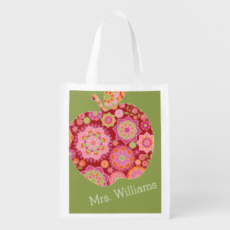 Custom Teacher Apple with Trendy Floral Pattern Reusable Grocery Bag Custom Teacher Apple with Trendy Floral Pattern Reusable Grocery Bag