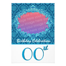 Custom Year Birthday Photo Invite Blue Damask