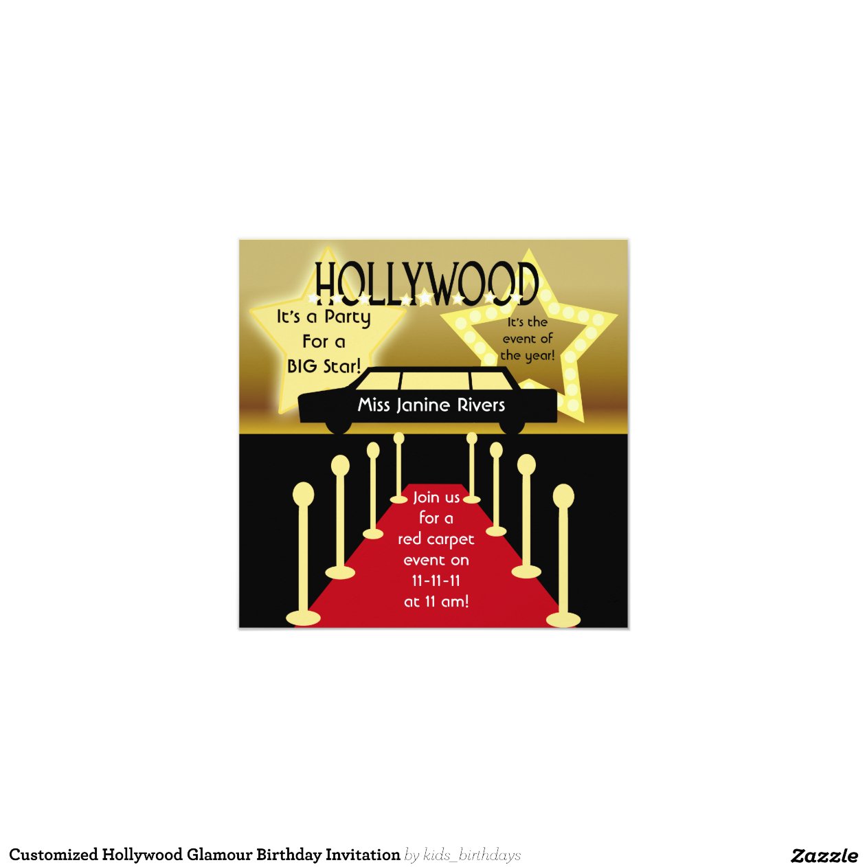 Customised Hollywood Glamour Birthday Invitation 13 Cm X 13 Cm Square ...