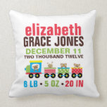 Cute Animals Toy Train Birth Announcement Throw Pillow