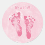 Cute Baby Girl Footprints Birth Announcement Round Sticker