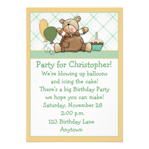 Cute Bear Green Birthday Invitation
