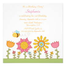 Cute bee flying flowers birthday party invitation