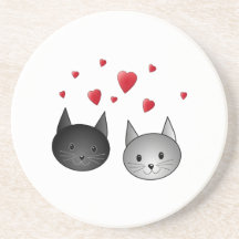 Cute Black and Grey Cats, with Hearts. Beverage Coaster