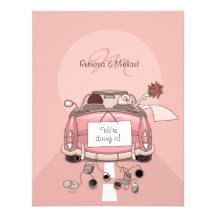 Cute Bride & Groom Pink Getaway Car Invitations
