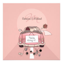 Cute Bride & Groom Pink Getaway Car Invitations