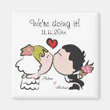 Cute Bride & Groom "we're doing it" Save the Date Fridge Magnets