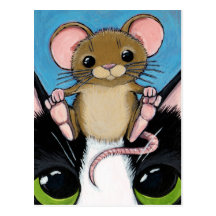 Cute Brown Mouse and Cat Postcard