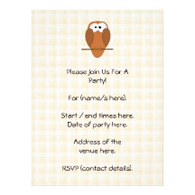 Cute Brown Owl, Beige Check Background. Personalized Announcement