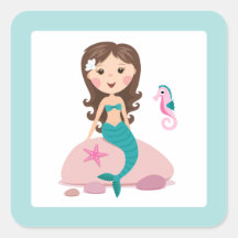 Cute brunette mermaid girl with starfish seahorse square stickers