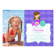 Cute Brunette Mermaid Photo Birthday Invitation