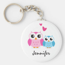 Cute cartoon owls with hearts personalized name keychains
