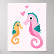 Cute cartoon seahorses on pale pink stripes posters