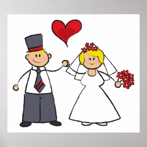 Cute Cartoon Wedding Couple Bride Groom Love Heart Poster