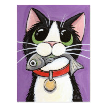 Cute Cat Eating A Fish Postcard