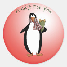 Cute Christmas Penguin with Holiday GIft Round Sticker