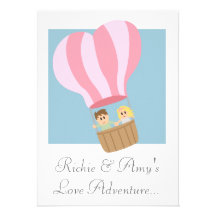 Cute couple in pink striped hot air balloon personalized announcements