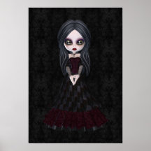 Cute & Creepy Goth Girl Black Damask Poster