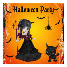 Cute Devil Girl, Pitchfork & Cat Halloween Personalised Invitations