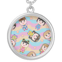 Cute Dolls Vector Pattern Round Necklace