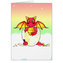 Cute Dragon Baby in Cracked Egg - Red / Yellow Greeting Cards