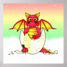 Cute Dragon Baby in Cracked Egg - Red / Yellow Print