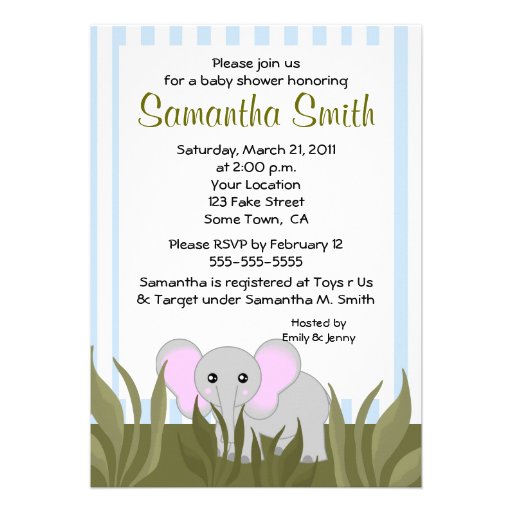 Cute Elephant Baby Blue & Green Shower Invitations