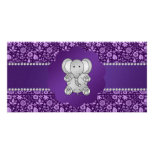 Cute elephant purple flowers customised photo card