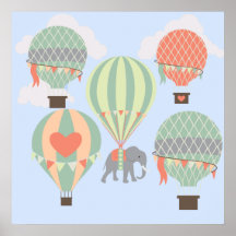 Cute Elephant Riding Hot Air Balloons Rising Print