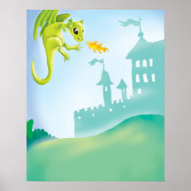 cute fiery dragon and castle scene print