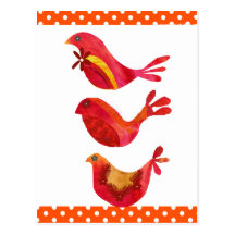 Cute Folk Art Red Birds Post Cards